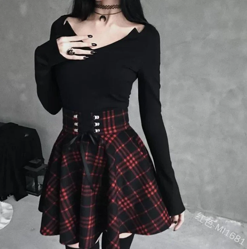Uveng Uveng School Fresh College Style Lady Lattice Irregular Half-Dress Necrotling Belts With Thin Large Skirts