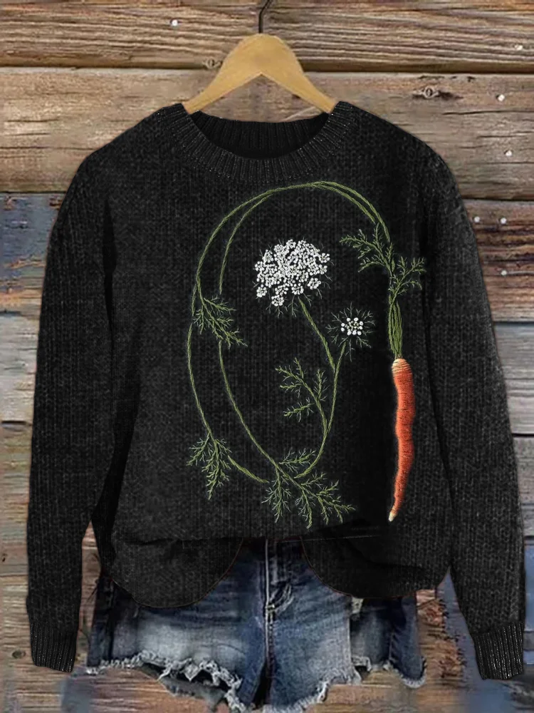 VChics Carrot Embroidery Farm Girl Cozy Knit Sweater