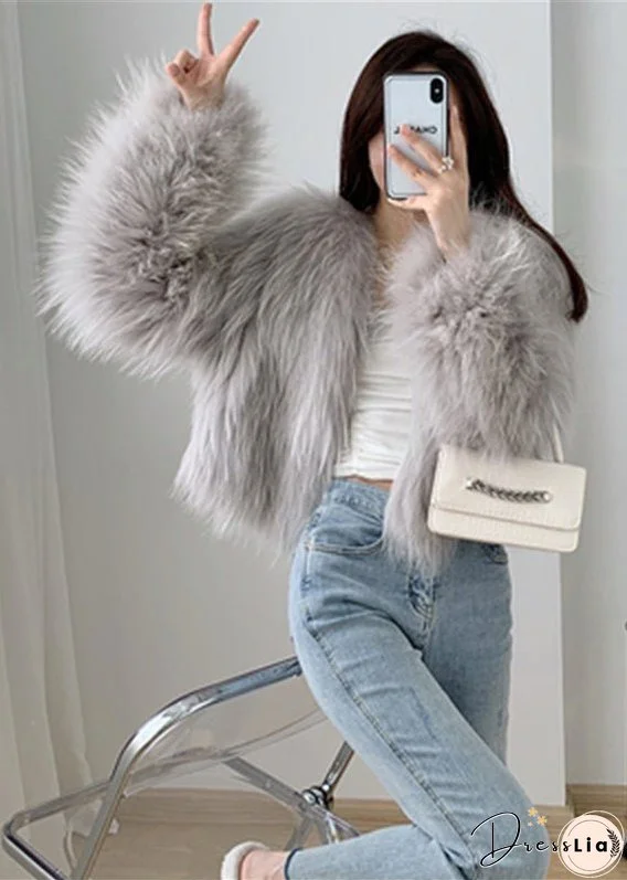 Light Grey Patchwork Faux Fur Coat V Neck Winter