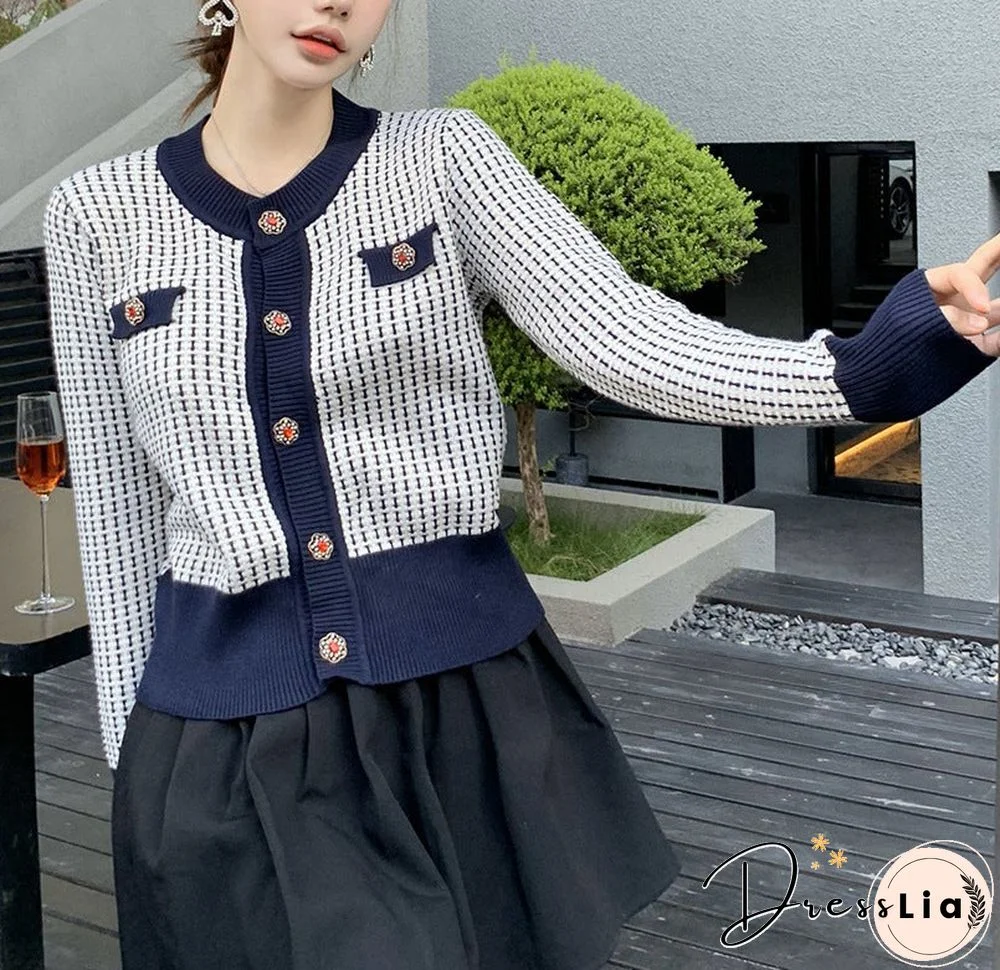 Crew Neck Color Contrast Celebrity Sweater Cardigan