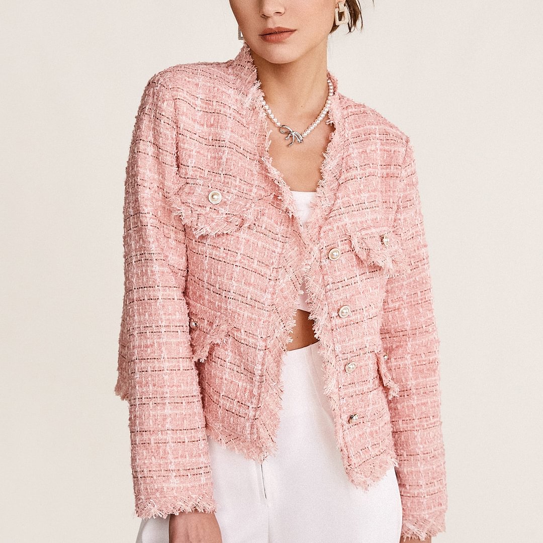 Pink Frayed V-Neck Tweed Jacket