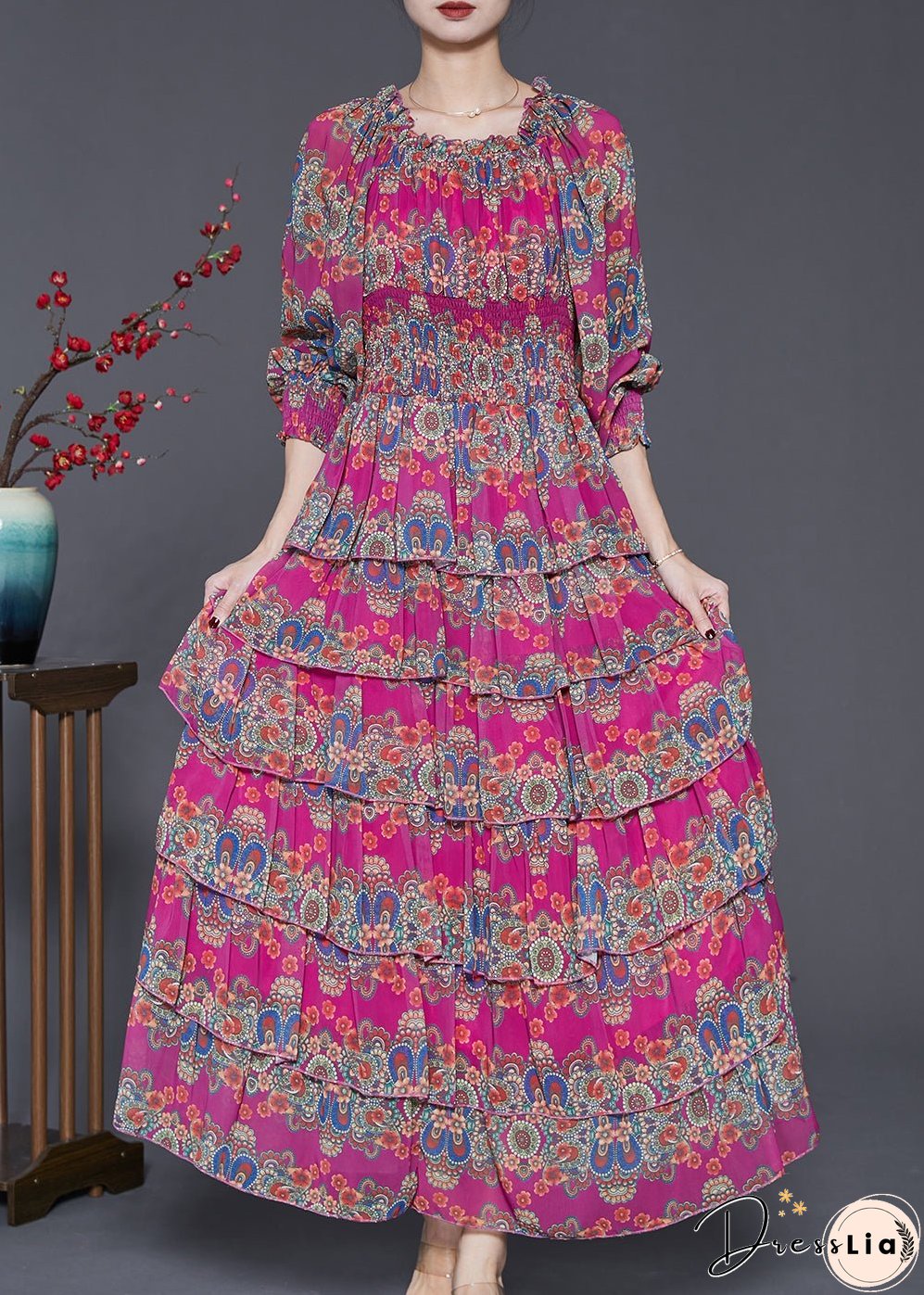 Unique Rose Elastic Waist Print Cotton Maxi Dresses Spring