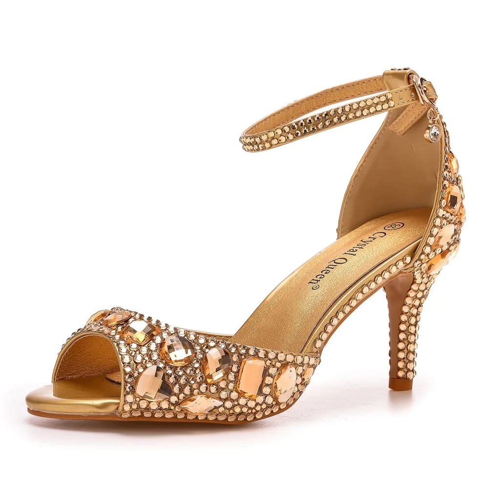 Breakj Breakj Cm Fish Mouth High Heel Sandals Shallow Mouth With Large-Size Round-Head High Heels Golden Water Drill Fine Sandals