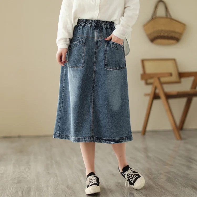 Simple Solid Color Elastic Waist Denim Skirt - yankia