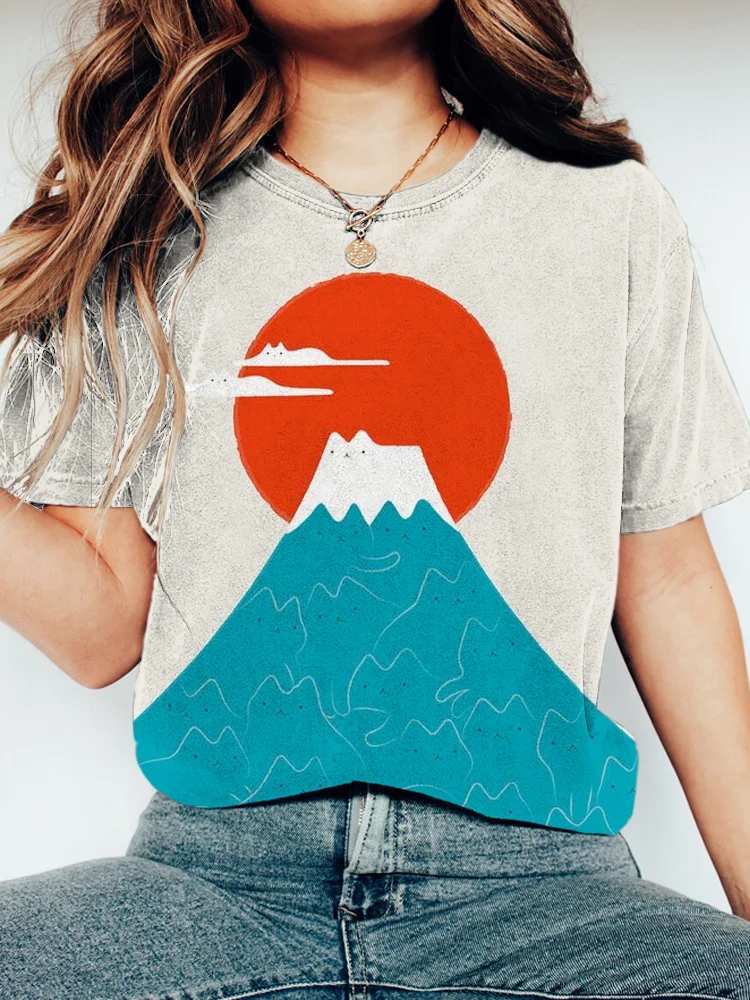 Cats Japanese Art Washed Cotton Short Sleeve T-Shirt