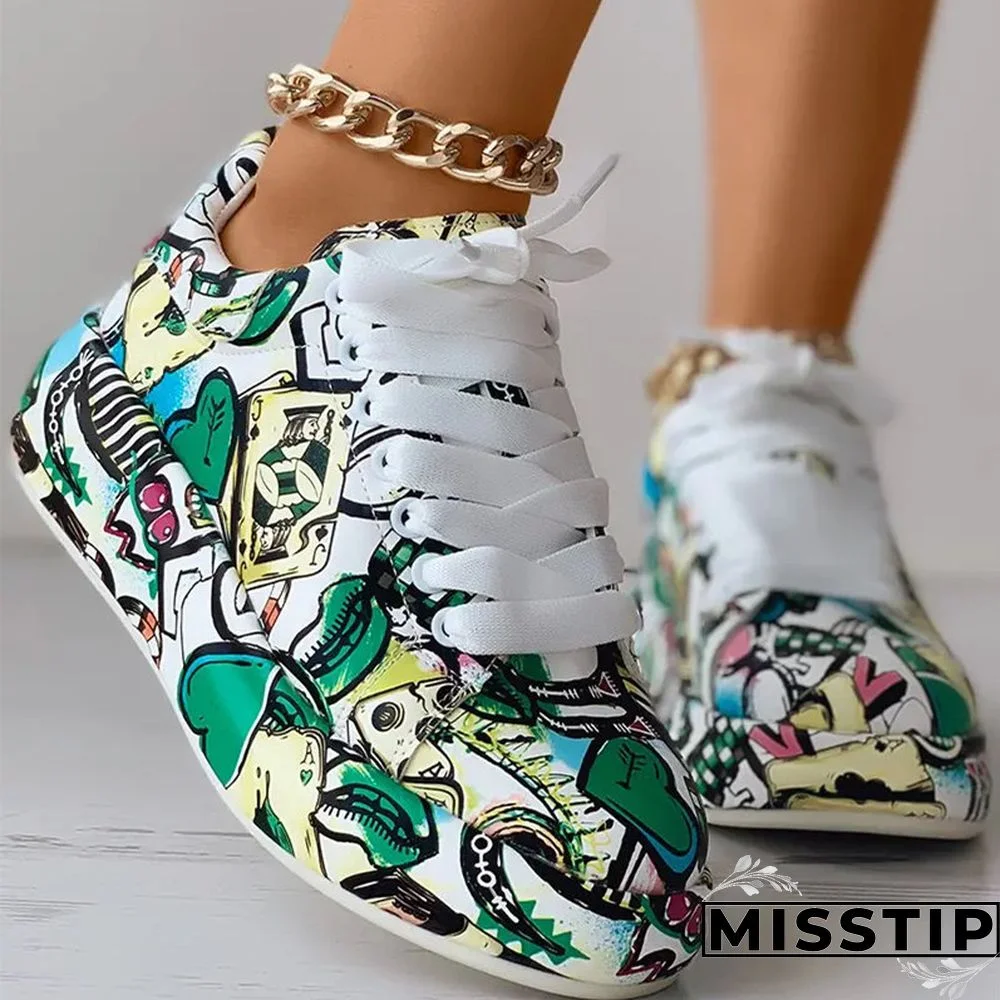 Black Fashion Casual Bandage Graffiti Round Comfortable Out Door Shoes