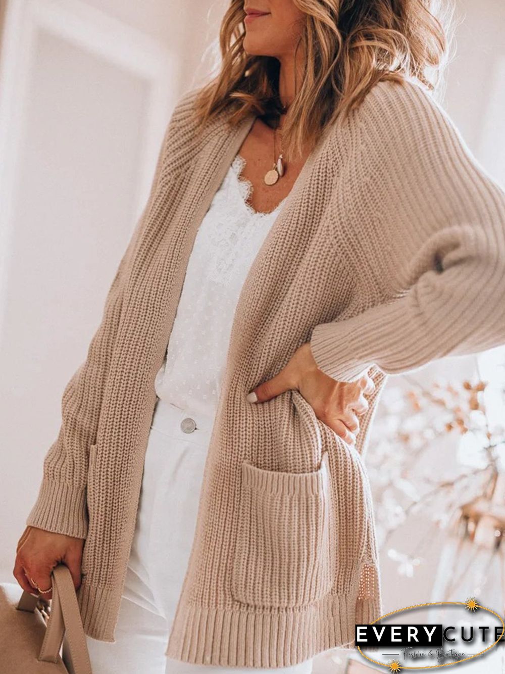 Casual Pockets Plain Loose Sweater Cardigan Coat