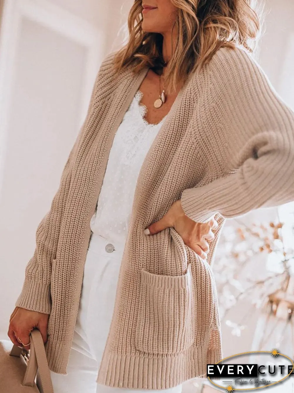 Casual Pockets Plain Loose Sweater Cardigan Coat