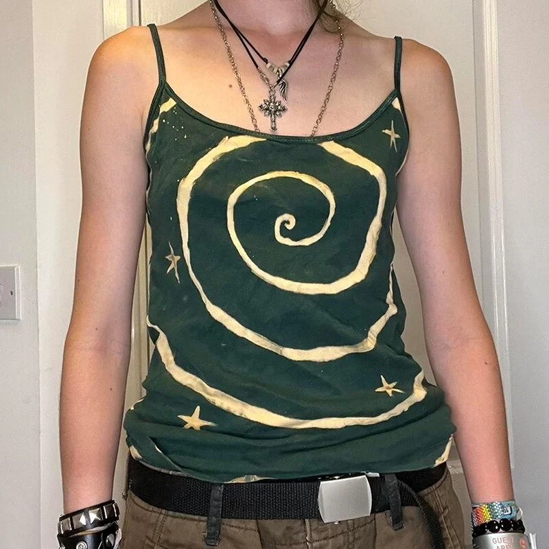 Uveng Mall Goth Retro Print Crop Top 00s Vintage Grunge Slim Fit Mini Vest Sexy Backless Spaghetti Strap Camisole Y2K Clothes 413-1