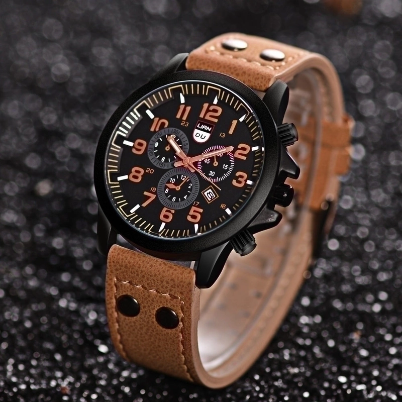 Men's Watch Fashion Frosted Belt Three Eyes Calendar Watch Black Shell Three Eyes Sports Watch