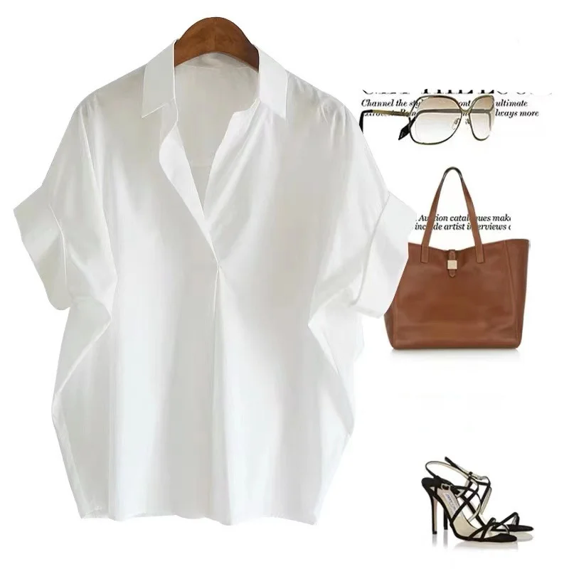 Uveng Uveng Summer New Korean Version Of Loose Cotton Blouse White Loose Bat Sleeve Shirt Shirt Woman