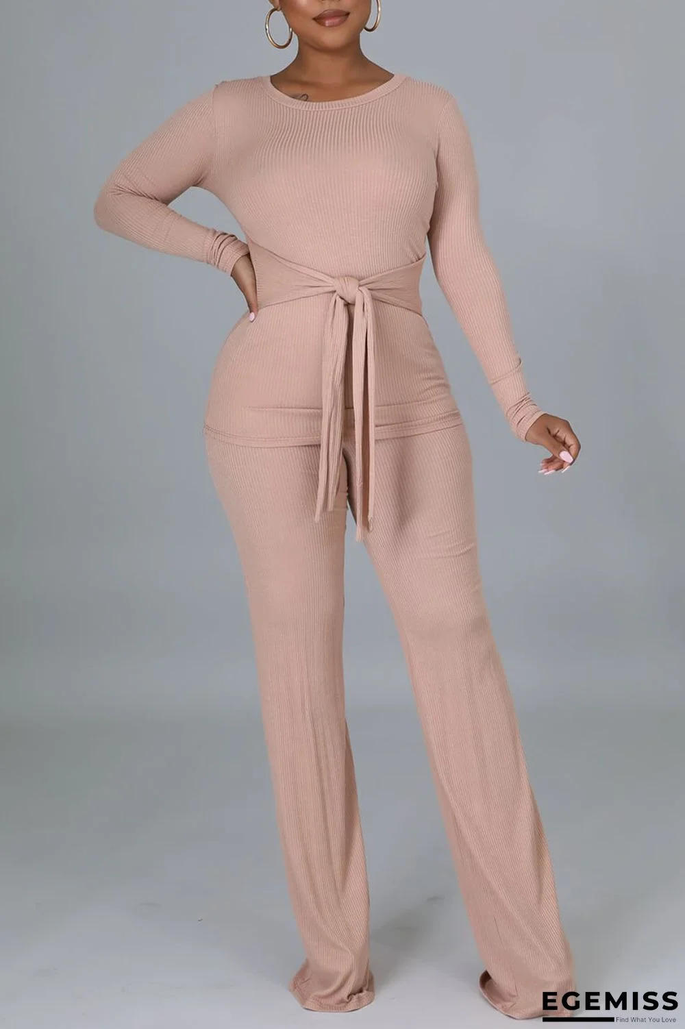 Pink Casual Solid Bandage Patchwork O Neck Long Sleeve Two Pieces | EGEMISS