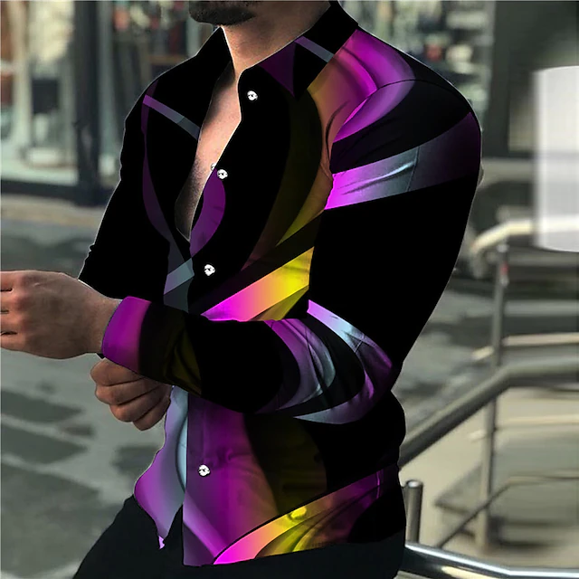 men's shirt 3d print gradient turndown street casual button-down print long sleeve tops designer casual fashion breathable black