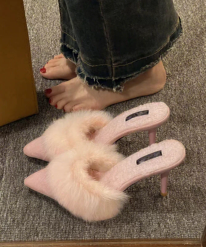 2025 New Pink High Heels Slippers Pointed Toe Fuzzy Wool Lined