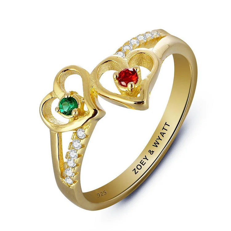 Birthstone Mother Ring Gold Personalized Promise Ring with Two Hearts