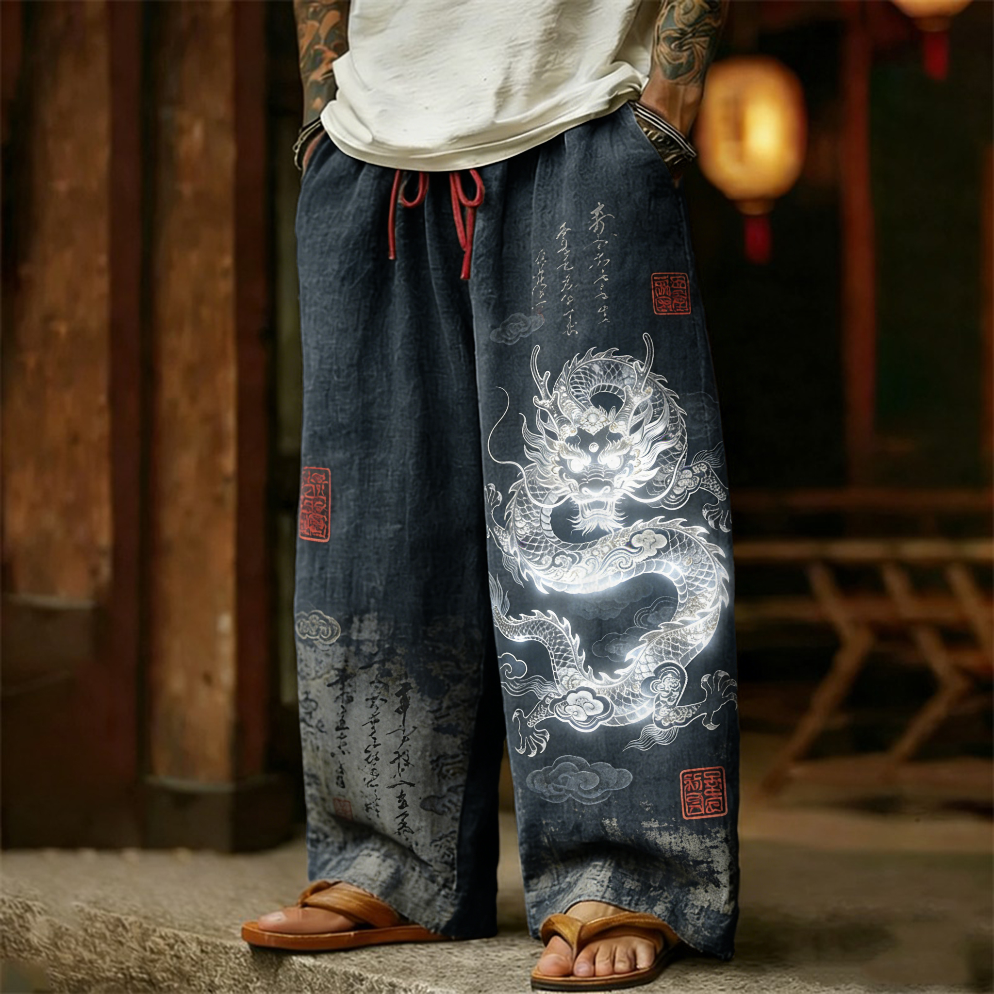 Men's Retro Calligraphy With Dragon Art Linen Pants  artssus