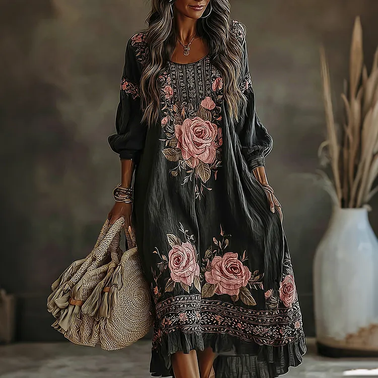 Women's Vintage Floral Art Flowy Linen Blend Casual Long Sleeve Maxi Dress