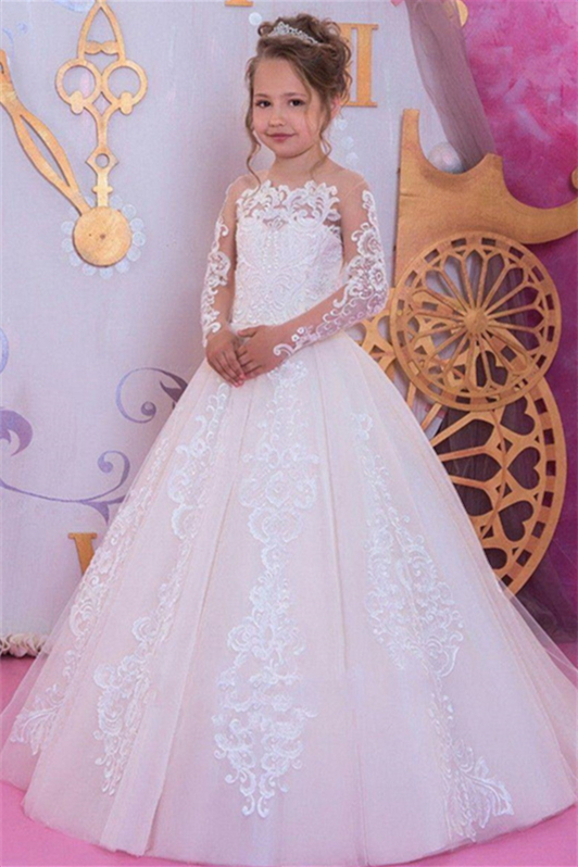 Fabulous Lace Flower Girl Dress Long Sleeves Zipper Button Back With Bowknot - lulusllly