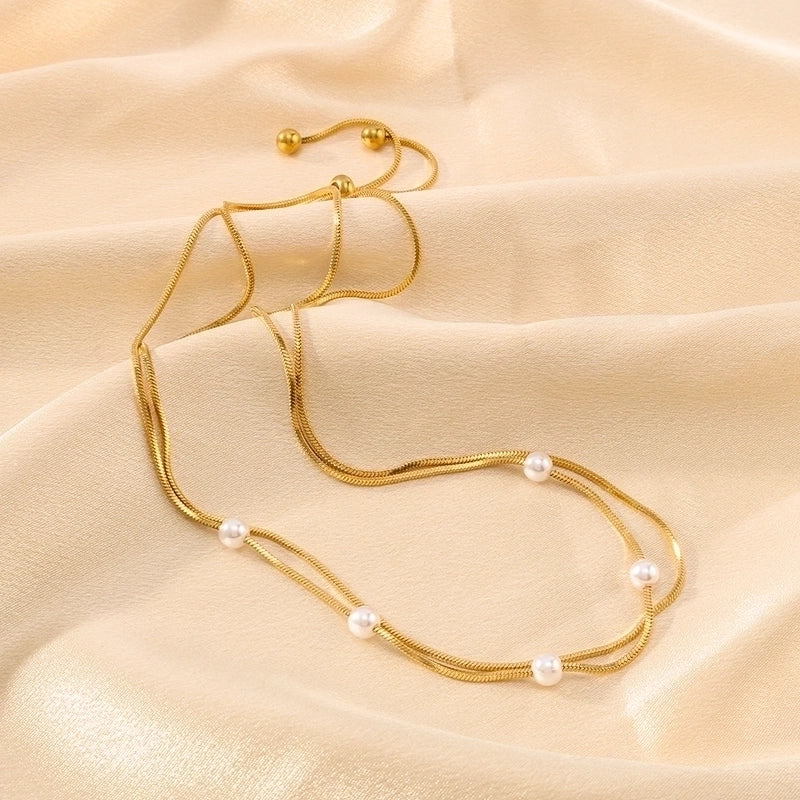 304 Stainless Steel 18K Gold Plated IG Style Romantic Shiny Pearl Round Artificial Pearls Double Layer Necklaces