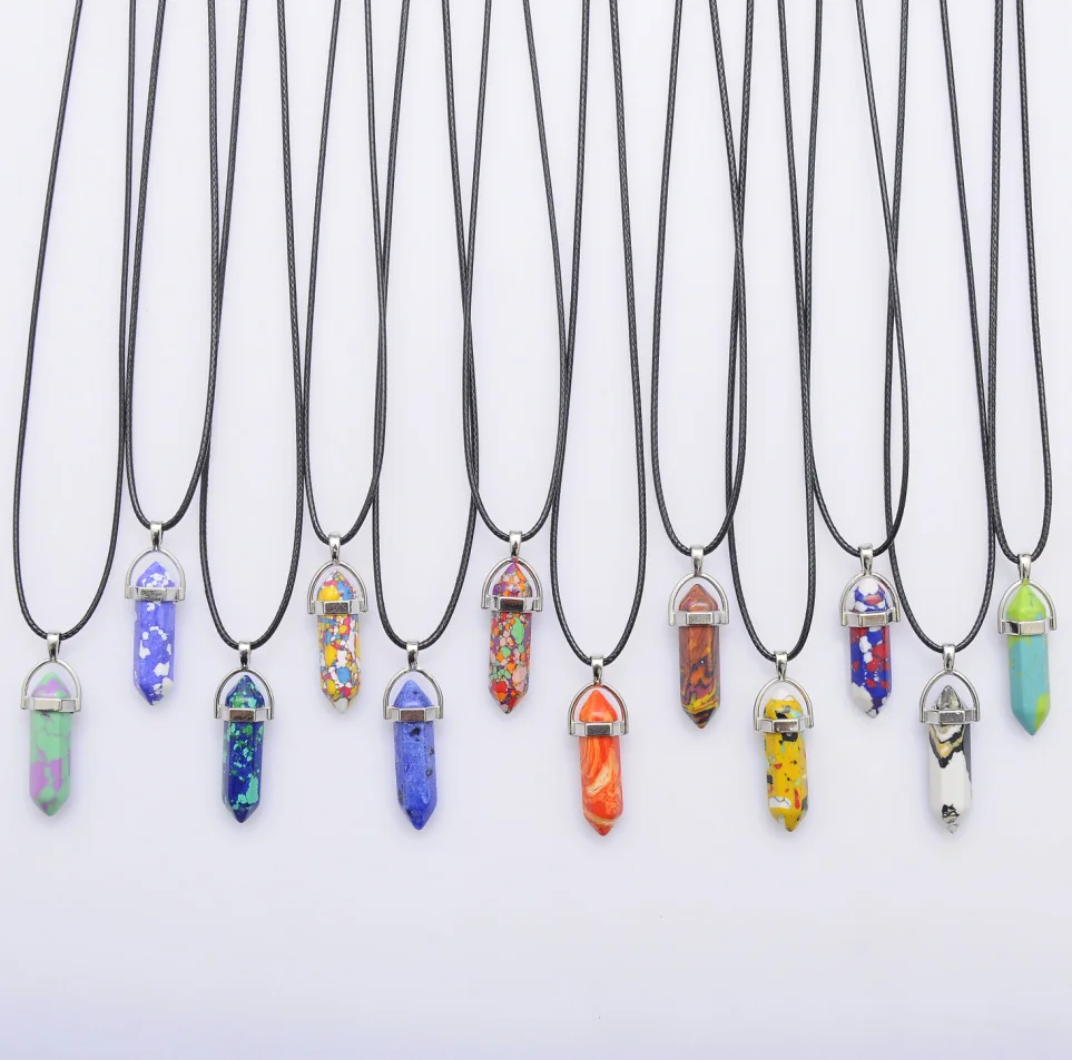 Chakra Natural Stone Pendant Necklace Crystal Aura Charm Rope Leather Chain Necklace