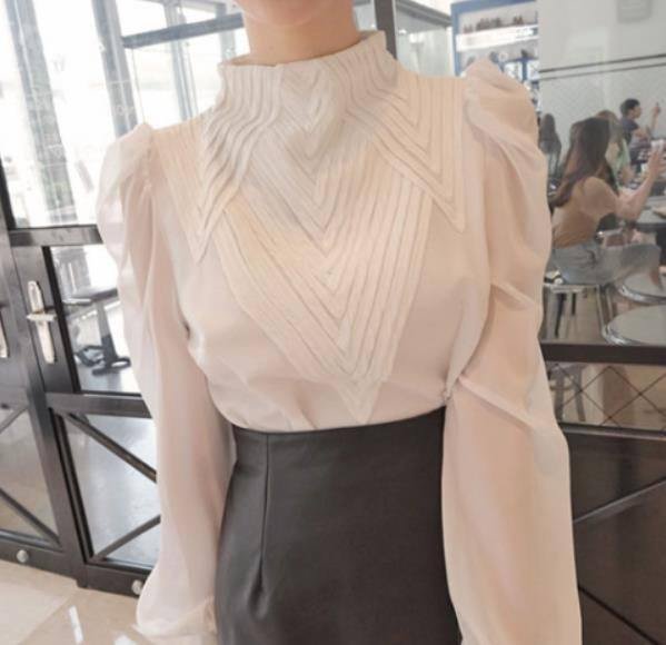 New spring autumn Women puff Sleeve Stand Collar Chiffon Blouses office Ladies tops shirt plus size 2XL!
