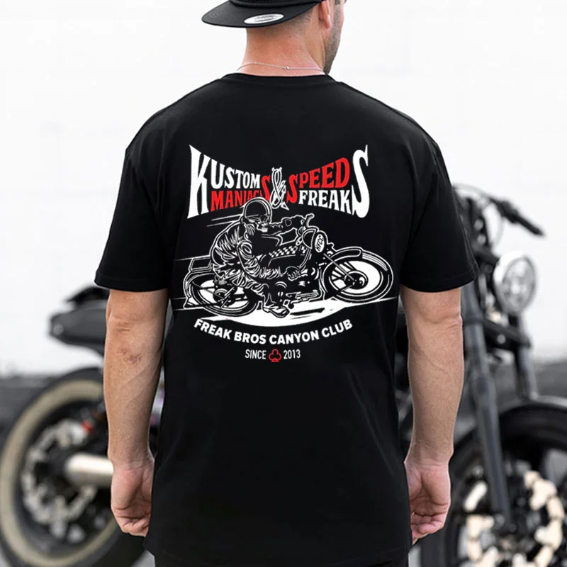 KUSTOM MANIACS&SPEED FREAKS Skeleton Motorcyclist Print Men's T-shirt