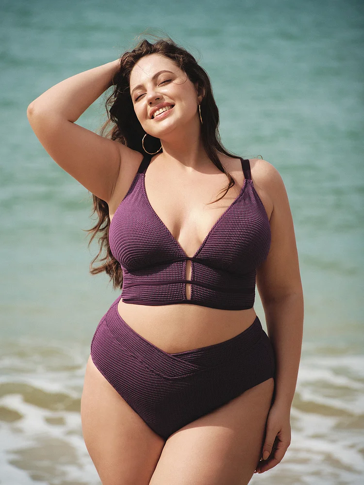 Purple Textured V Neck Plus Size Tankini Top