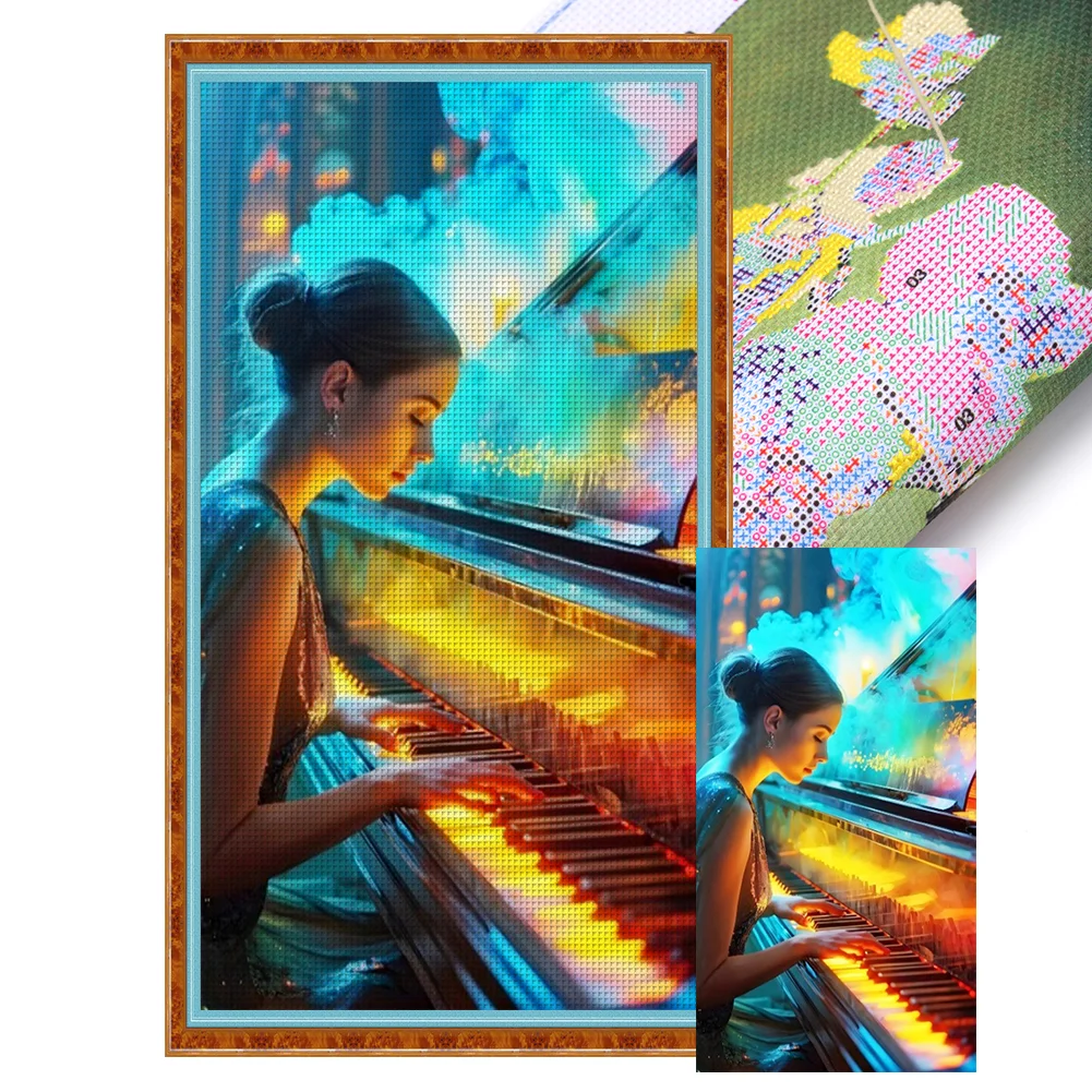 Full Embroidery Eco-cotton Thread 14CT Stamped Cross Stitch - Girl Piano(Canvas|40*70CM)