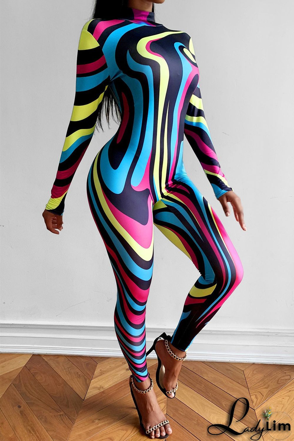 Black Fashion Casual Print Patchwork Half A Turtleneck Skinny Jumpsuits