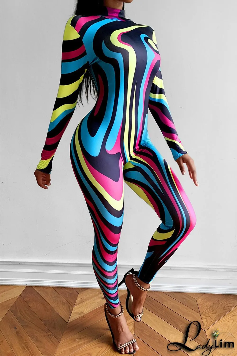 Black Fashion Casual Print Patchwork Half A Turtleneck Skinny Jumpsuits