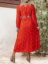 Retro Print V-Neck Loose Long Sleeve Empire Drawstring Casual Midi Dress