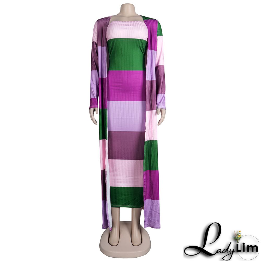 Plus Size Women Ribbed Print Colorblock Dress + Long Coat