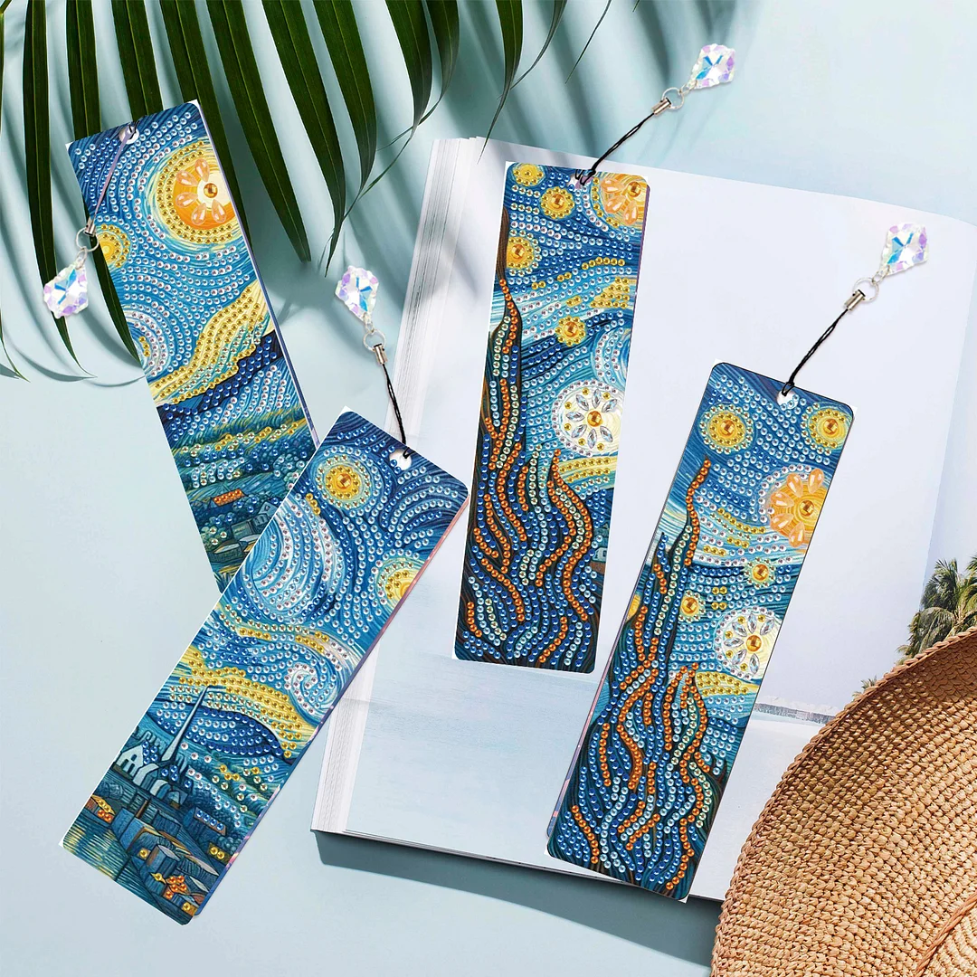 4Pcs Starry Night View DIY Diamond Bookmark Art Projects Irregular Shaped Diamonds Diamond Painting Art Bookmarks with Crystal Pendants for DIY Making Beginners Adult Art Craft Supplies