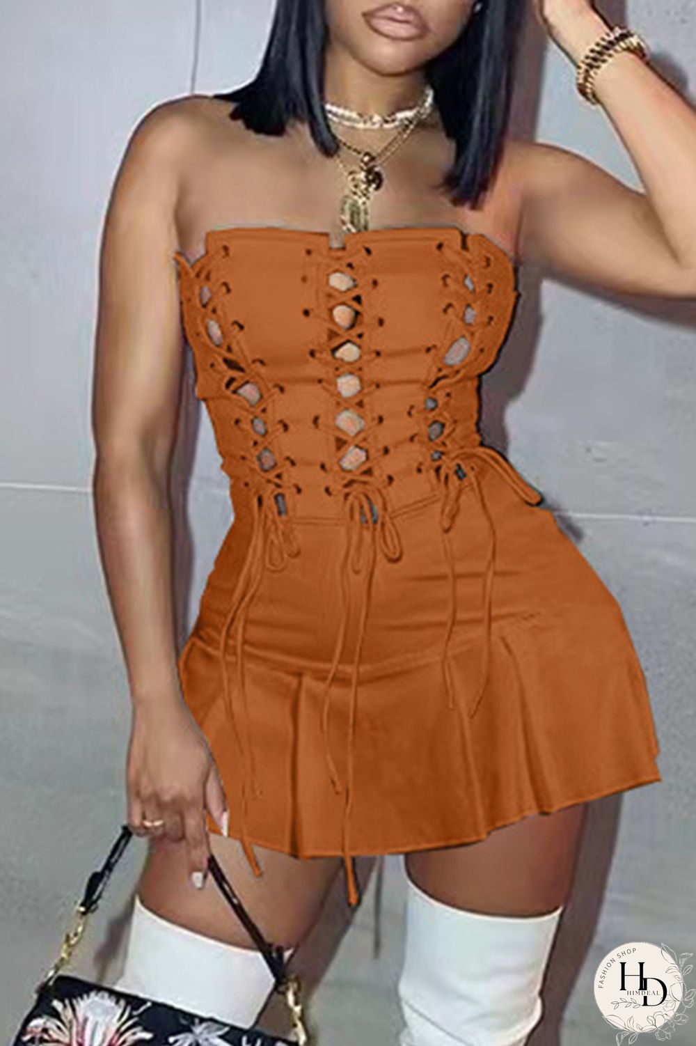 White Fashion Sexy Solid Backless Strap Design Strapless Sleeveless Dress Dresses