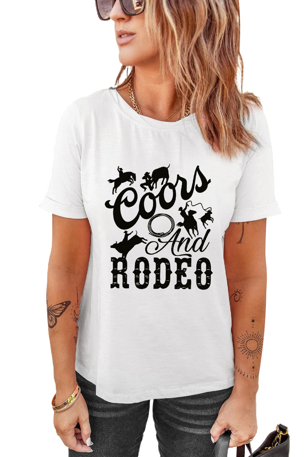 White Western Pattern Letter Print Crew Neck Graphic T-shirt