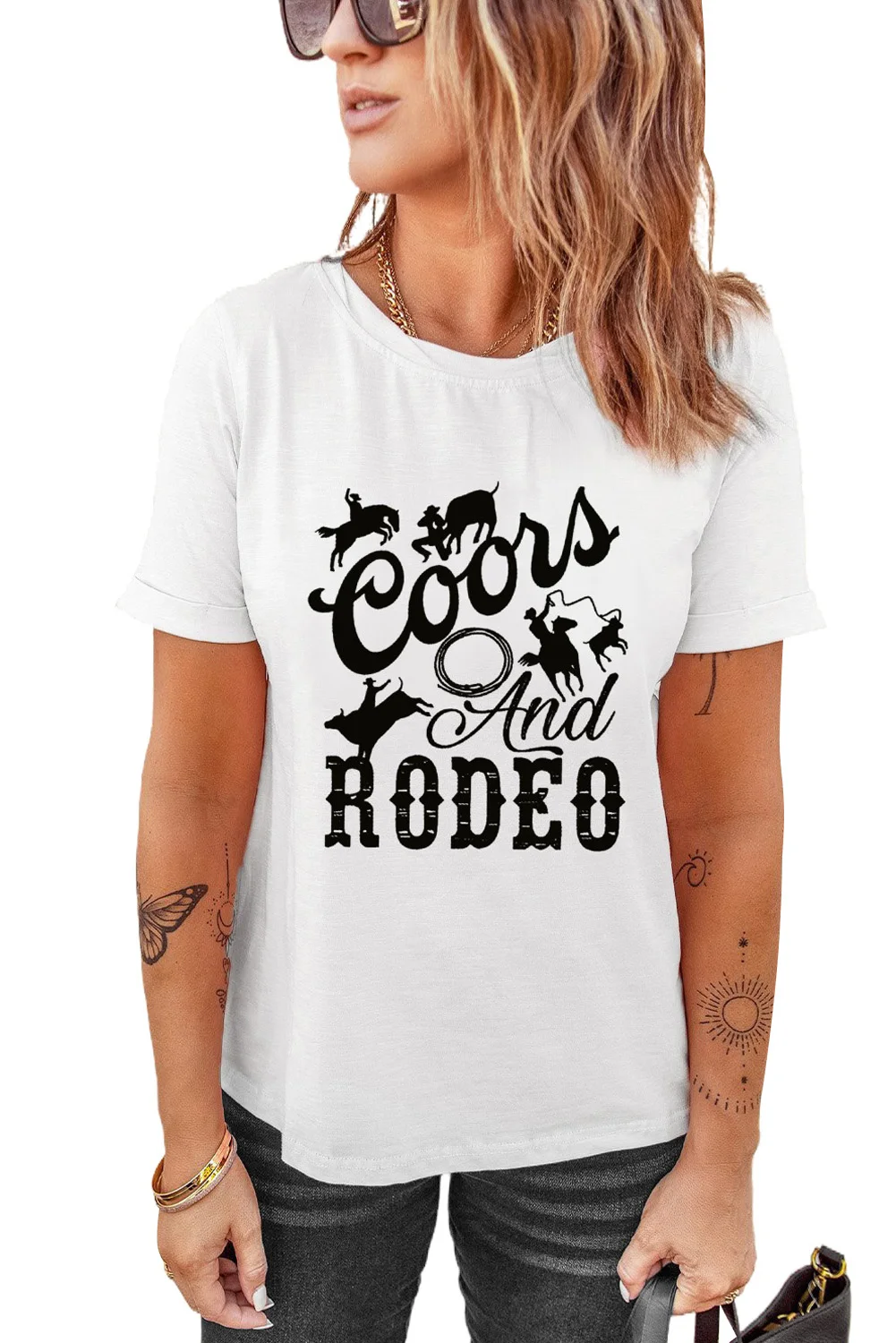 White Western Pattern Letter Print Crew Neck Graphic T-shirt