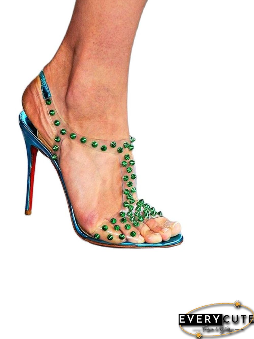 Green Rivet Clear PVC Sandals Open Toe Ankle Strap Thin High Heel Dress Shoes Stiletto Heel Ankle Buckle Runway Shoes