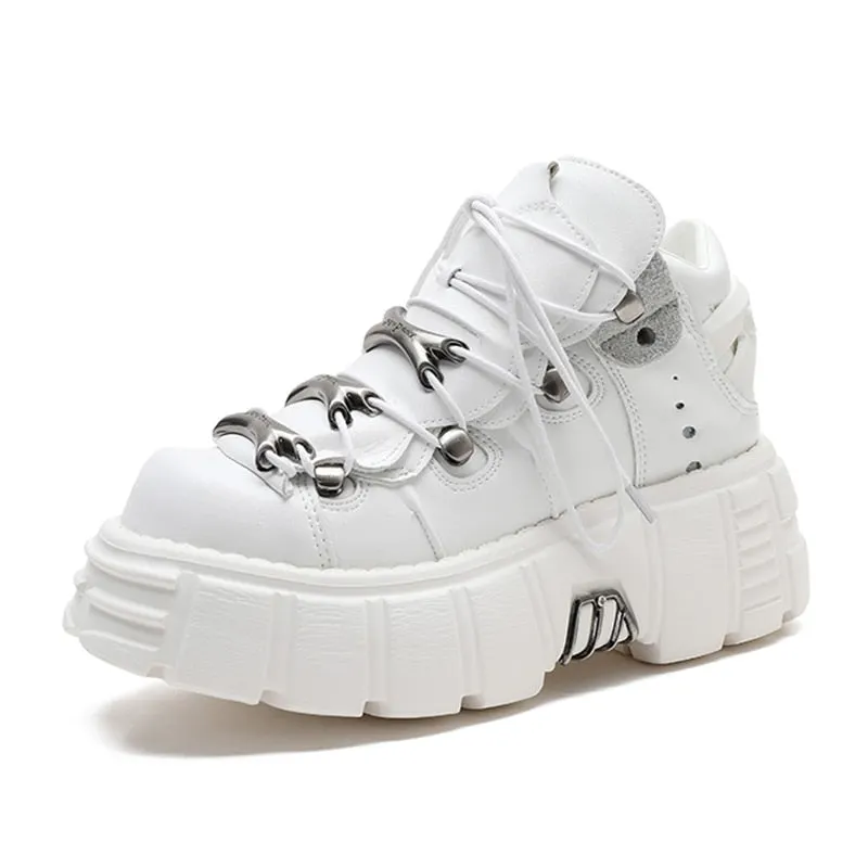 Gdgydh Punk Style Women Platform Sneakers Fashion Lace Up Platform Shoes Woman Creeper Female Casual Flats Metal Decoration
