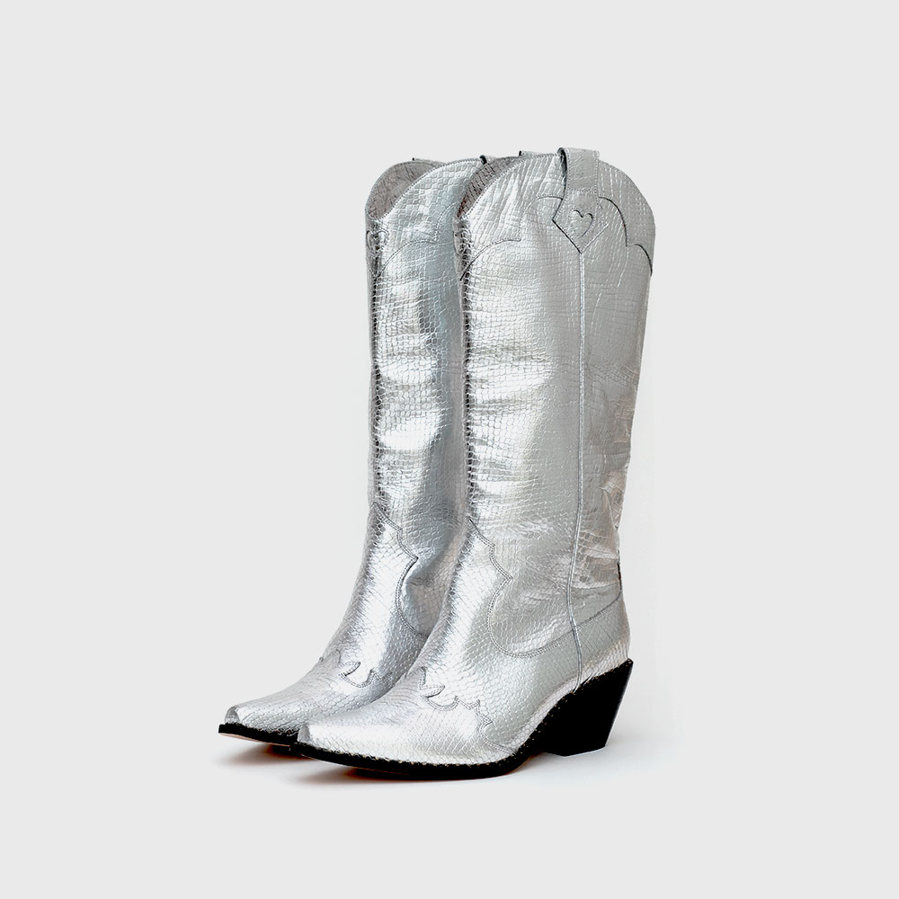 Silver Metallic Python Touch Pointed Toe Wide-Calf Cowgirl Boots