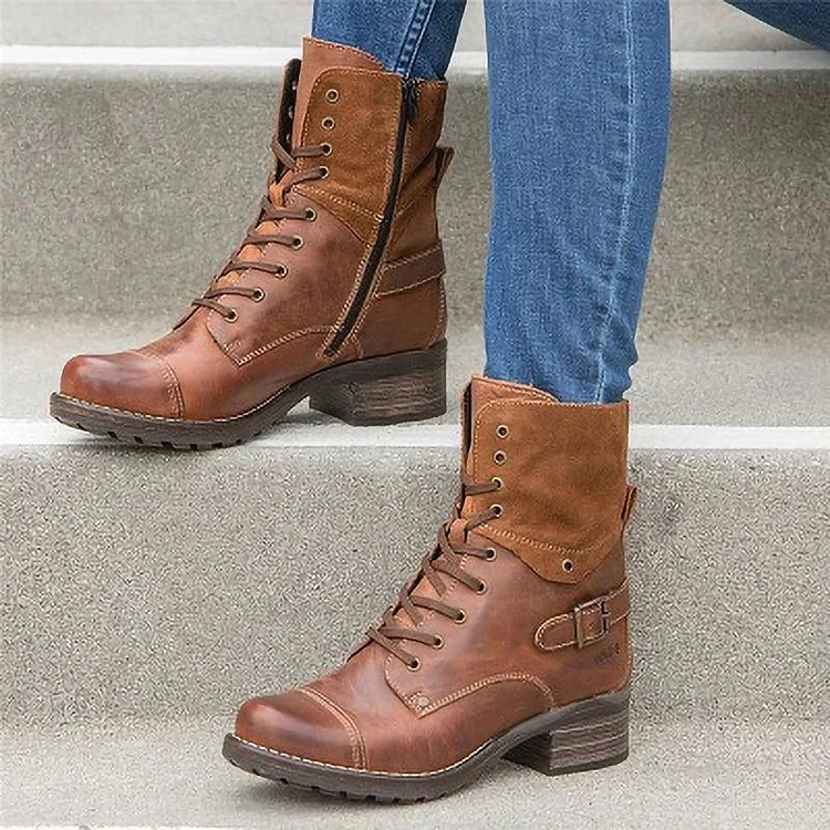 Women's Chunky Combat Boots Zipper Lace-up ankle Boots shopify Stunahome.com