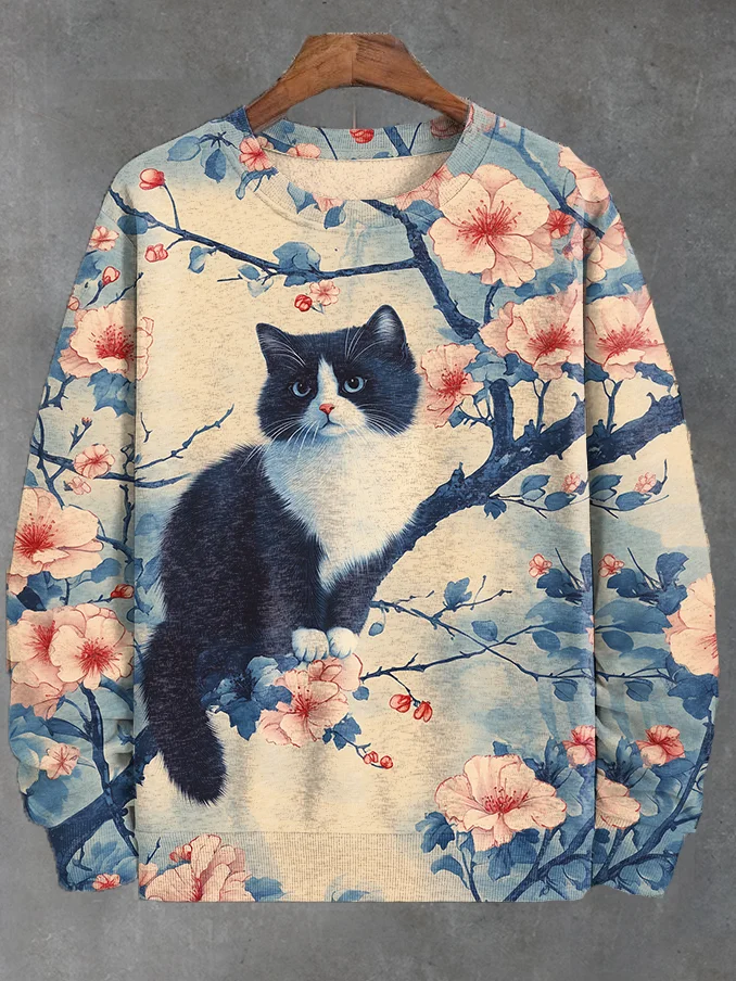 Men's Ukiyo-e Boho Delft Blue Floral Cat Art Print Casual Sweatshirt