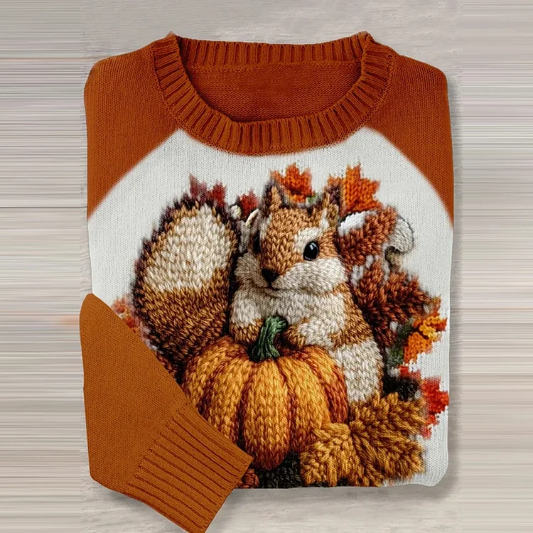 Vintage Squirrels And Maple Leaves Art Pattern Knit Sweater