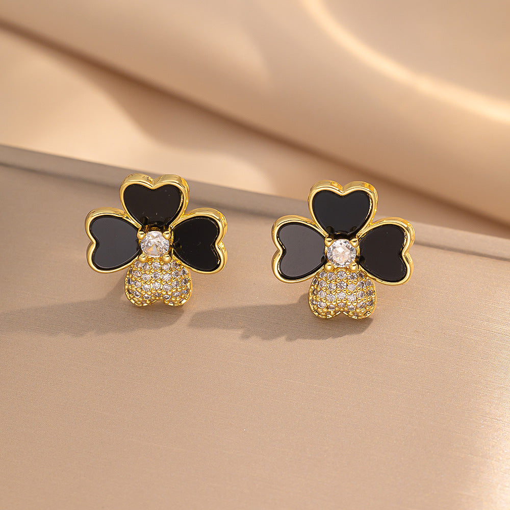 2 Pieces Moderate Luxury Flower Copper Diamond Inlay Stud Earrings