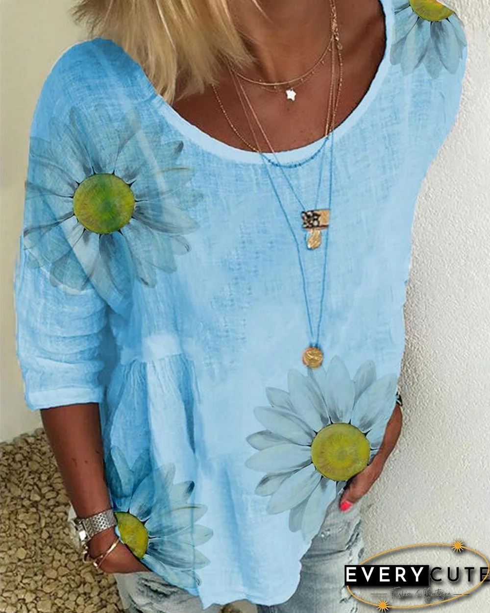 Daisy Print Short Sleeve Casual T-shirt P11198