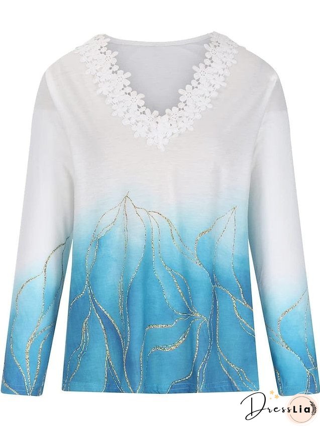 Lace V-Neck Casual Floral Loose T-Shirt for Women
