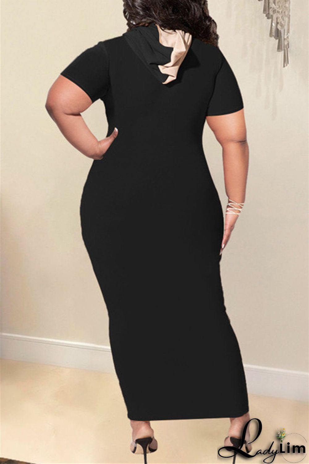 Black Fashion Casual Solid Split Joint Hooded Collar Short Sleeve Dress Plus Size Dresses