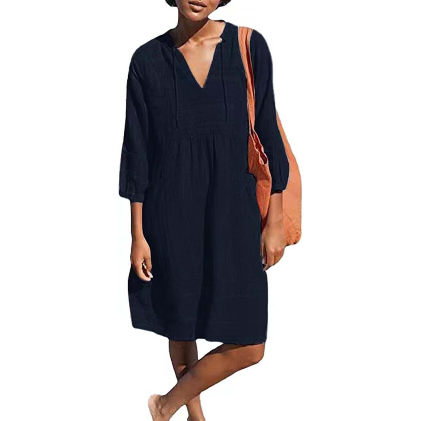 Mature Women Cotton Linen Jacquard Loose Pockets Dress