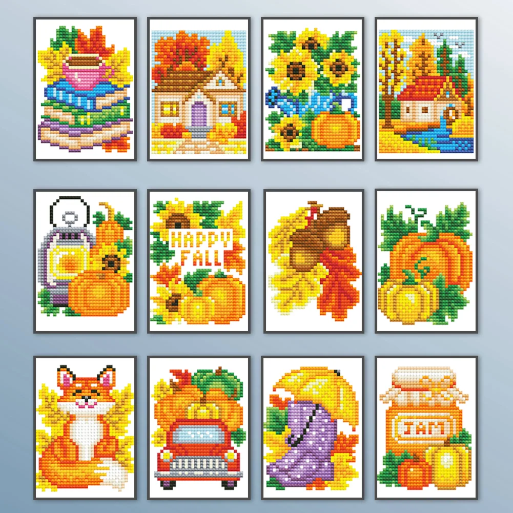 12pcs Autumn DIY Mini Round Diamond Painting for Desktop Decor No Frame(14*19cm)