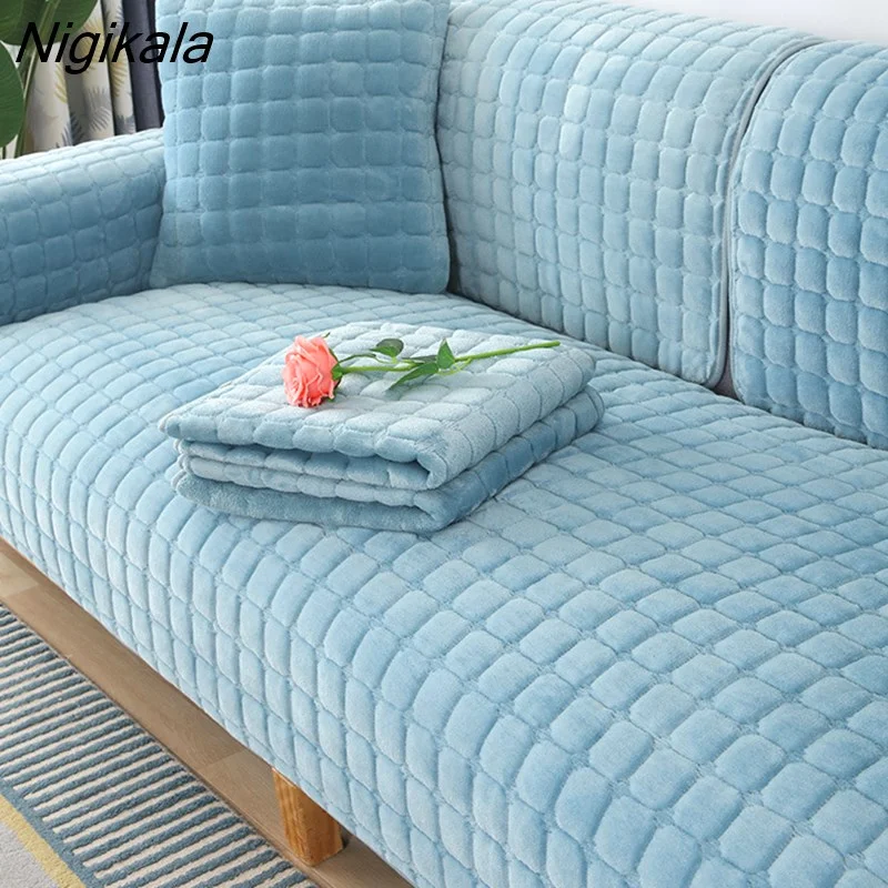 Nigikala Sofa Cover Cushion Plush Non-slip Thickened SlipCover Cushion Cover Universal Solid Color Dust-proof Sofa Seat Cover