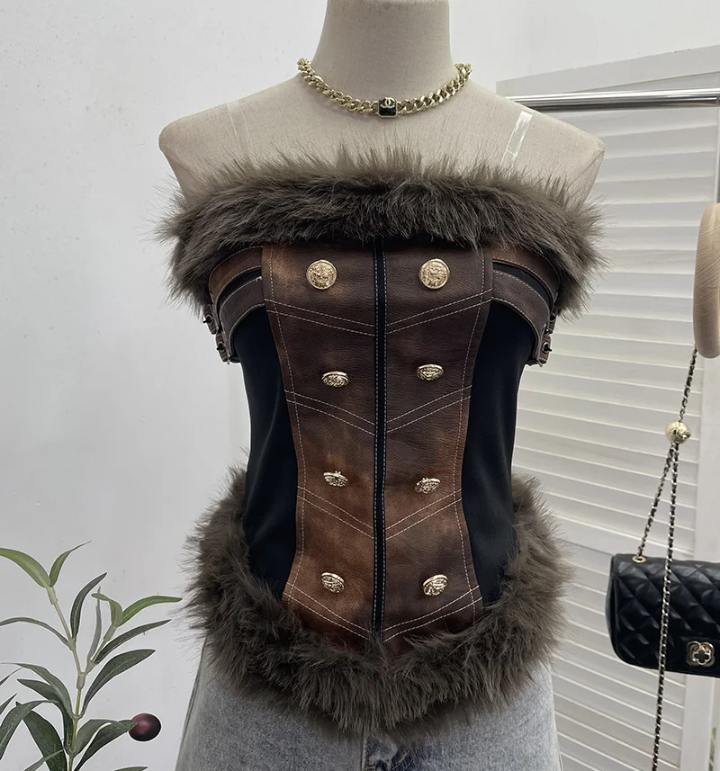 Uveng Real-Patted Leather Bra Waist Waist Coat Hair Spliced Pu Leather Slings To Collect Waist Thin Short Sleeveless Top 2996